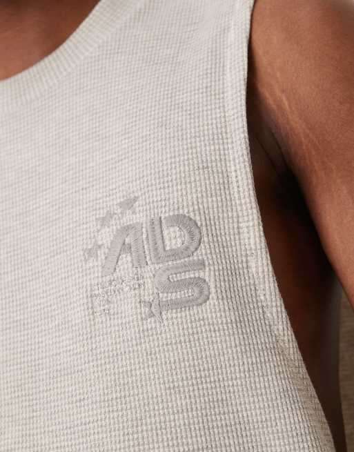 ASOS DESIGN heavyweight co-ord boxy oversized relaxed tank with chest embroidery in beige waffle, 4 of 4