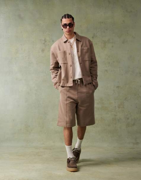 ASOS DESIGN heavyweight co-ord oversized shacket and jort in brown - view 1