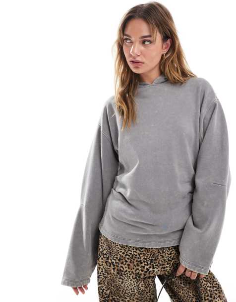 ASOS DESIGN heavyweight corset waist hoodie in grey acid wash - view 1