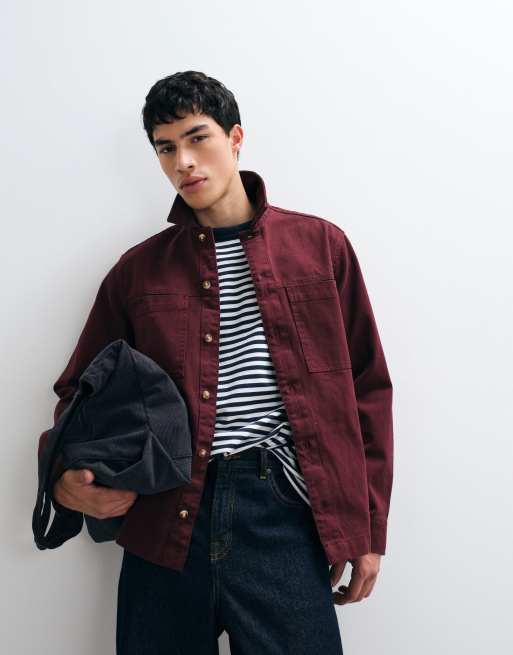ASOS DESIGN heavyweight cotton twill overshirt in burgundy, 3 of 5