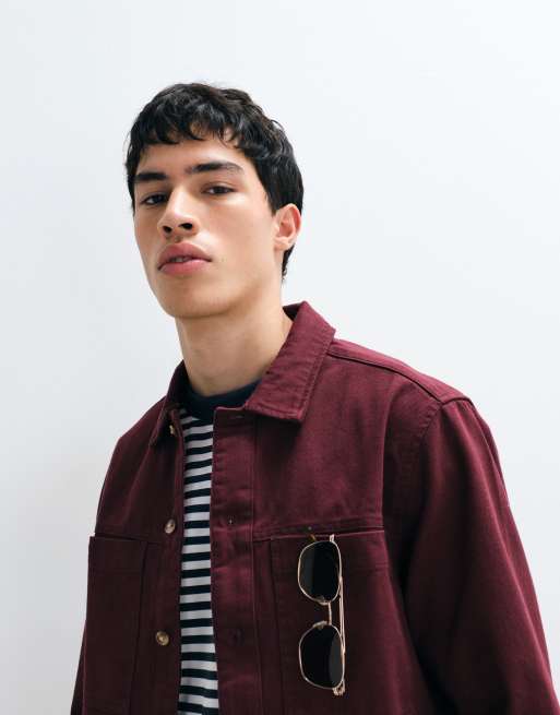 ASOS DESIGN heavyweight cotton twill overshirt in burgundy, 4 of 5