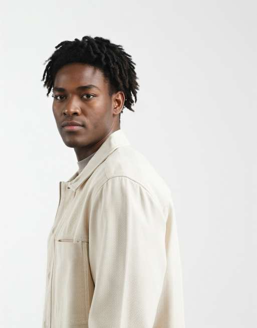 ASOS DESIGN heavyweight cotton twill overshirt in cream, 4 of 5
