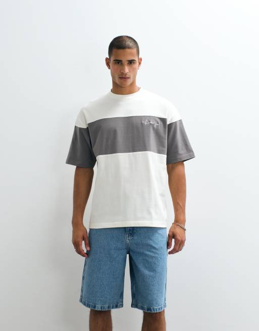 ASOS DESIGN heavyweight cut and sew oversized T-shirt with chest embroidery in cream, 3 of 5