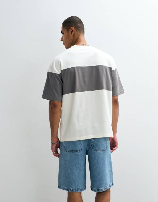 ASOS DESIGN heavyweight cut and sew oversized T-shirt with chest embroidery in cream, 4 of 5