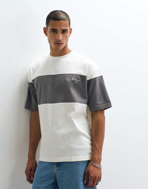 ASOS DESIGN heavyweight cut and sew oversized T-shirt with chest embroidery in cream, 5 of 5
