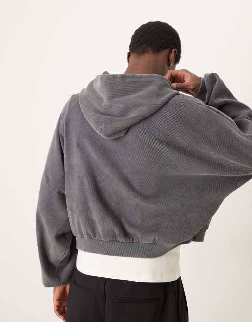 ASOS DESIGN heavyweight extreme oversized boxy hoodie with half zip in washed gray rib , 3 of 4