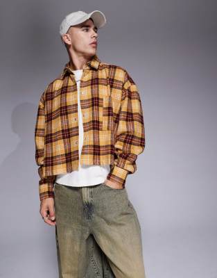 ASOS DESIGN heavyweight extreme oversized cropped shacket in mustard check-Orange