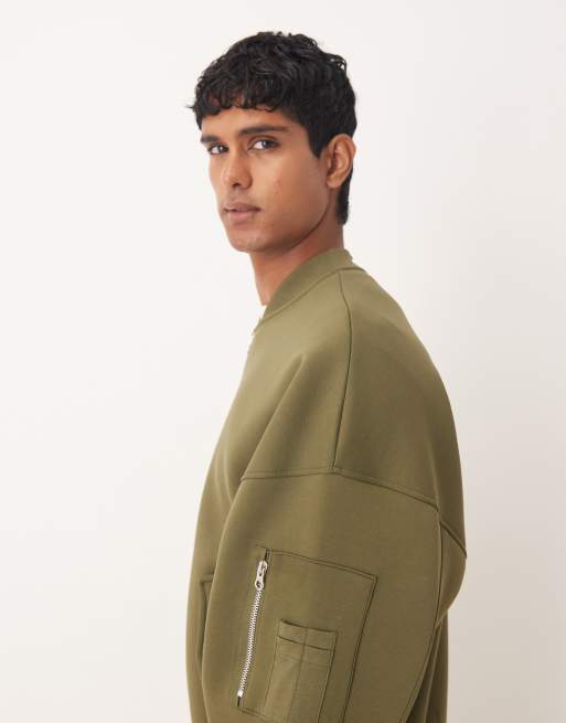 ASOS DESIGN heavyweight extreme oversized jersey MA1 bomber jacket in scuba-style fabric in khaki - KHAKI, 4 of 5