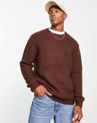 ASOS DESIGN heavyweight fisherman rib crew neck jumper in brown - ASOS Price Checker