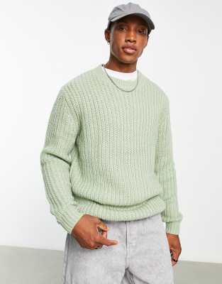 ASOS DESIGN heavyweight fisherman rib crew neck jumper in sage