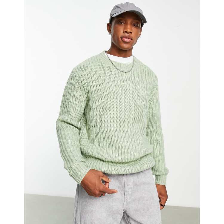 ASOS DESIGN heavyweight fisherman rib crew neck jumper in sage