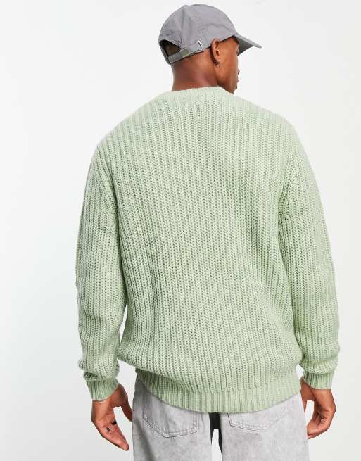 ASOS DESIGN heavyweight fisherman rib crew neck jumper in sage