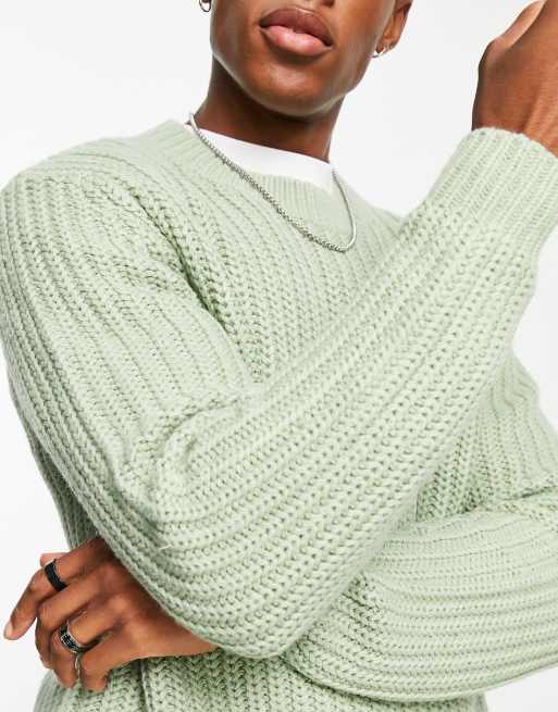 ASOS DESIGN heavyweight fisherman rib crew neck jumper in sage