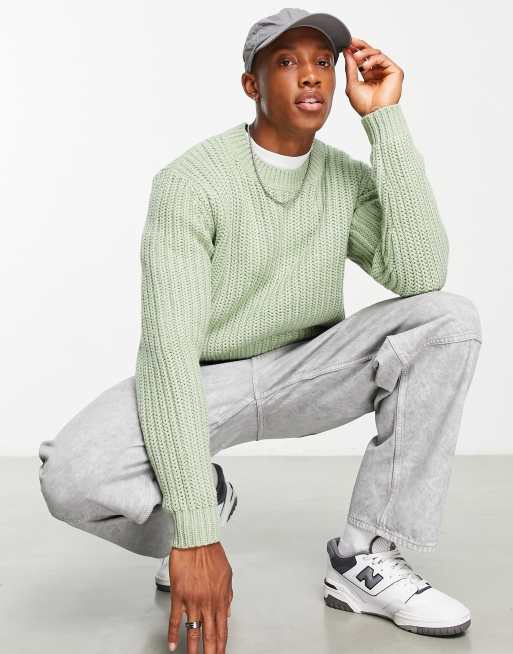 ASOS DESIGN heavyweight fisherman rib crew neck jumper in sage