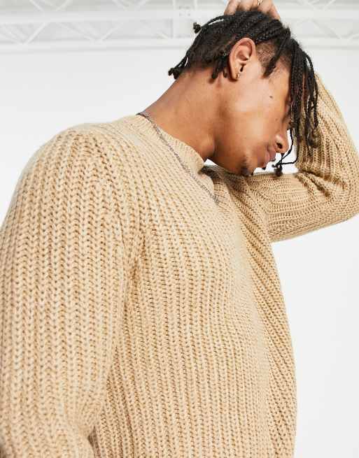 ASOS DESIGN heavyweight fisherman rib crew neck sweater in oatmeal | ASOS