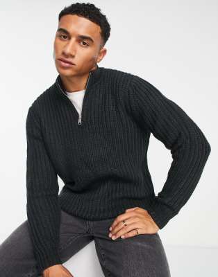 ASOS DESIGN heavyweight fisherman rib half zip jumper in charcoal grey