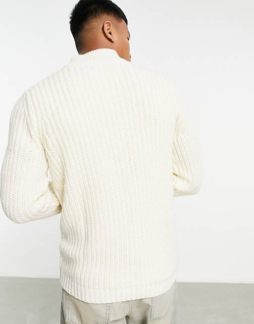 Mens Clothing Sweaters and knitwear Zipped sweaters ASOS Knitted Oversized Fisherman Rib Half Zip Jumper in White for Men 