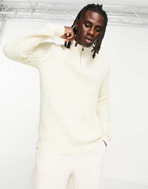 ASOS DESIGN heavyweight fisherman rib half zip sweater in ecru