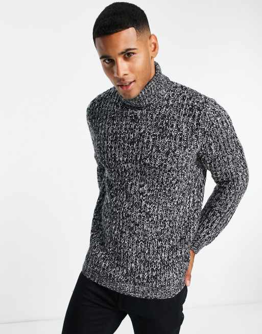 ASOS DESIGN heavyweight fisherman rib roll neck jumper in black & white ...