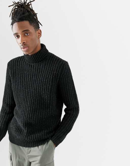 ASOS DESIGN heavyweight fisherman rib roll neck jumper in black