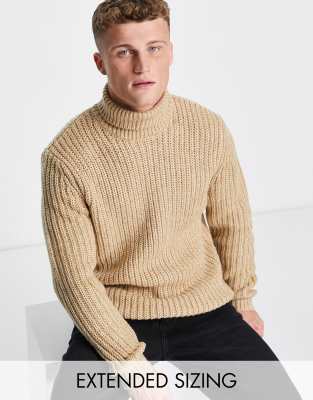 ASOS DESIGN heavyweight fisherman rib roll neck jumper in light brown