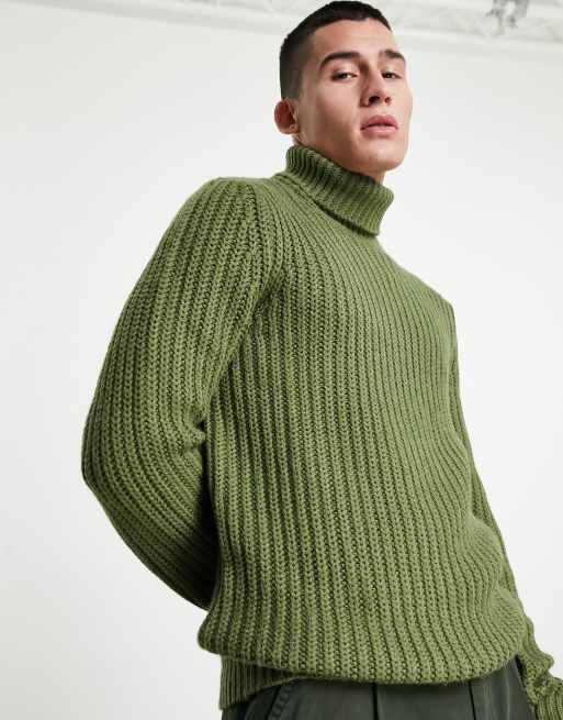 ASOS DESIGN heavyweight fisherman rib roll neck sweater in khaki