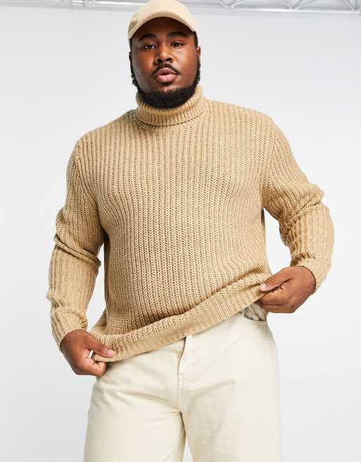 ASOS DESIGN heavyweight fisherman rib roll neck sweater in light brown, 2 of 2