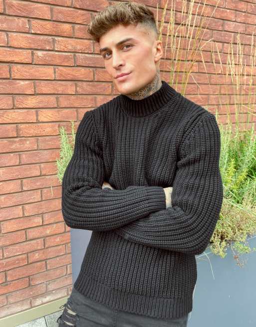 ASOS DESIGN heavyweight fisherman rib turtle neck jumper in black