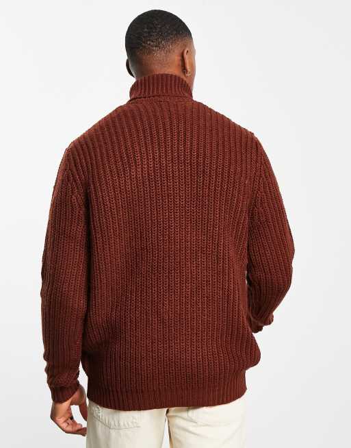 ASOS Design Oversized Fisherman Rib Turtle Neck Sweater in burgundy-Red