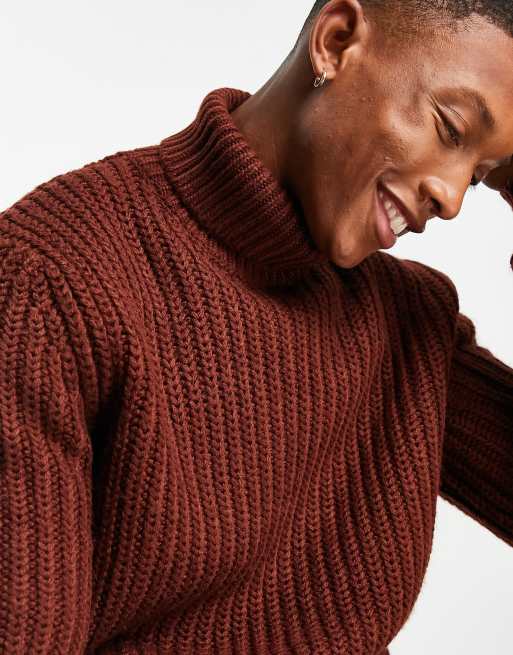 ASOS DESIGN heavyweight fisherman ribbed turtle neck sweater in rust