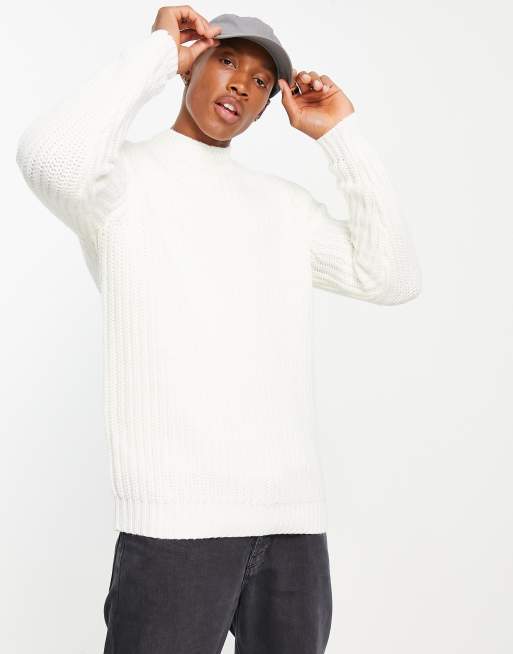 ASOS DESIGN heavyweight fisherman turtle neck sweater in white | ASOS