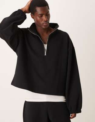 Asos Design Standard Fit Quarter Zip Sweatshirt With Collar In Black