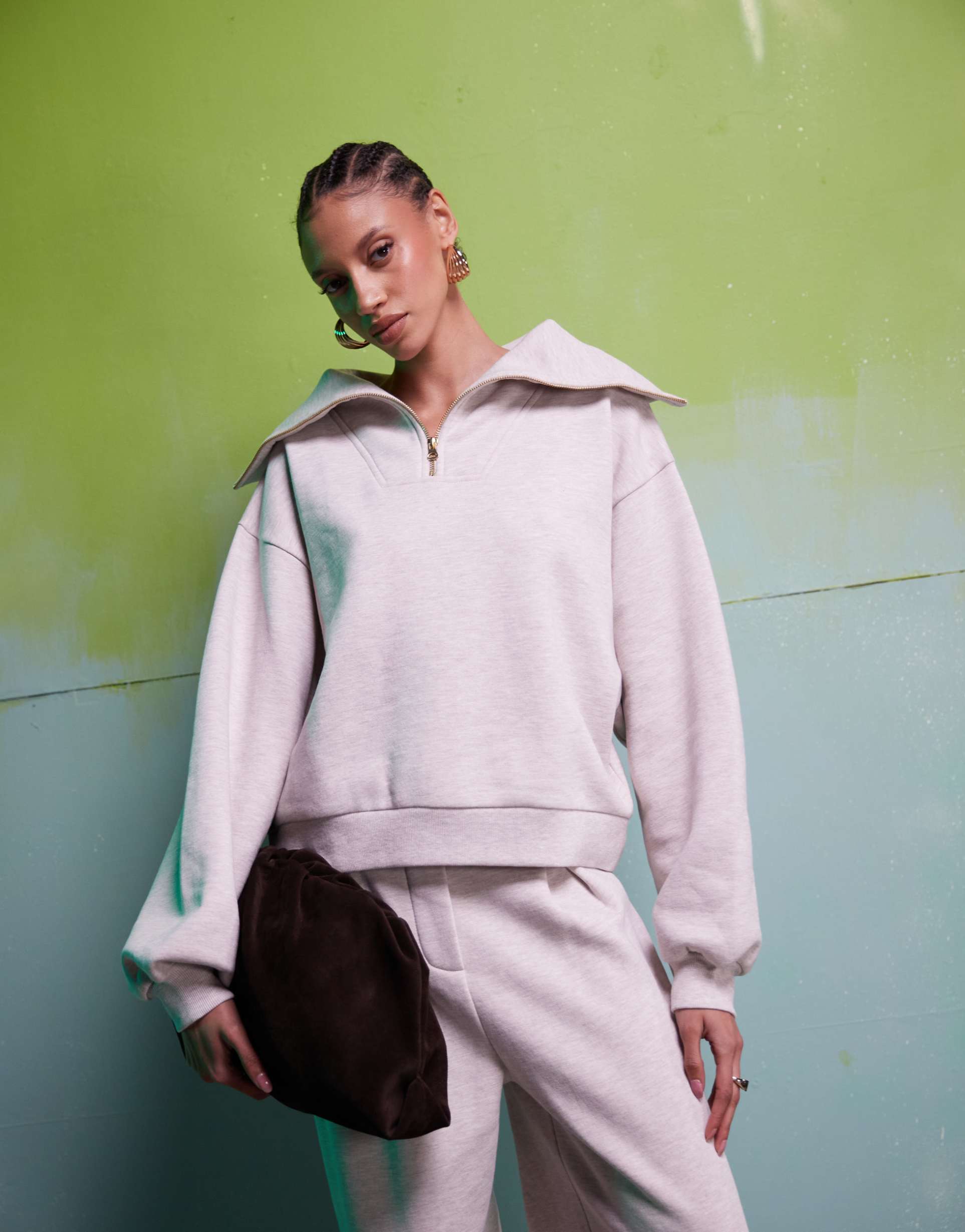 asos design heavyweight half zip sweatshirt in oatmeal - part of a set