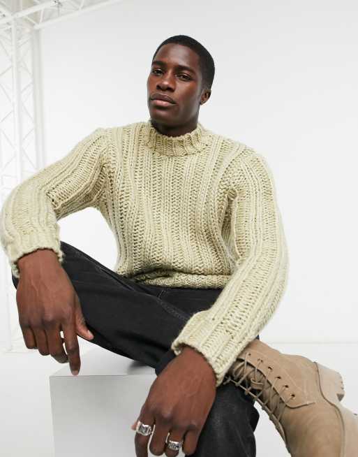 ASOS DESIGN heavyweight hand knit look turtle sweater in beige | ASOS