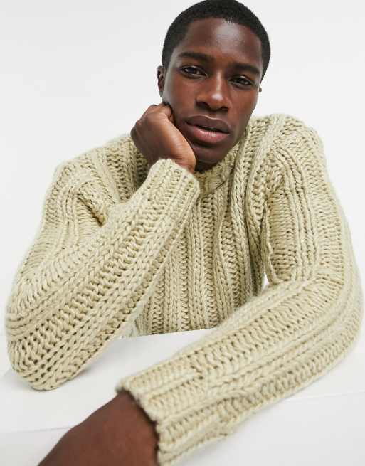 ASOS DESIGN heavyweight hand knit look turtle sweater in beige | ASOS