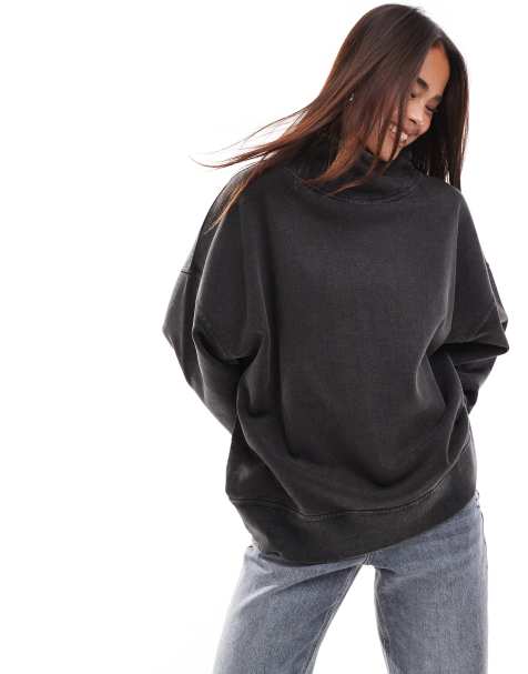 ASOS DESIGN heavyweight high neck sweatshirt in washed charcoal - view 1
