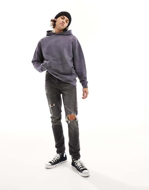 ASOS DESIGN heavyweight hoodie in washed black with San Francisco embroidery