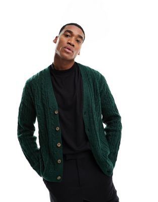 ASOS DESIGN heavyweight knitted cable cardigan in green