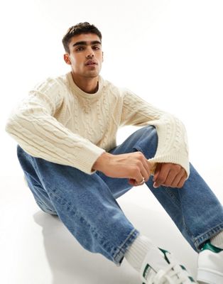 ASOS DESIGN heavyweight knitted cable crew neck jumper in ecru