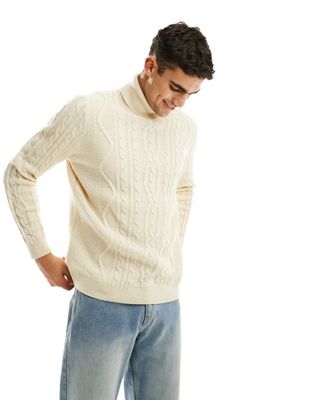ASOS DESIGN heavyweight knitted cable roll neck jumper in cream