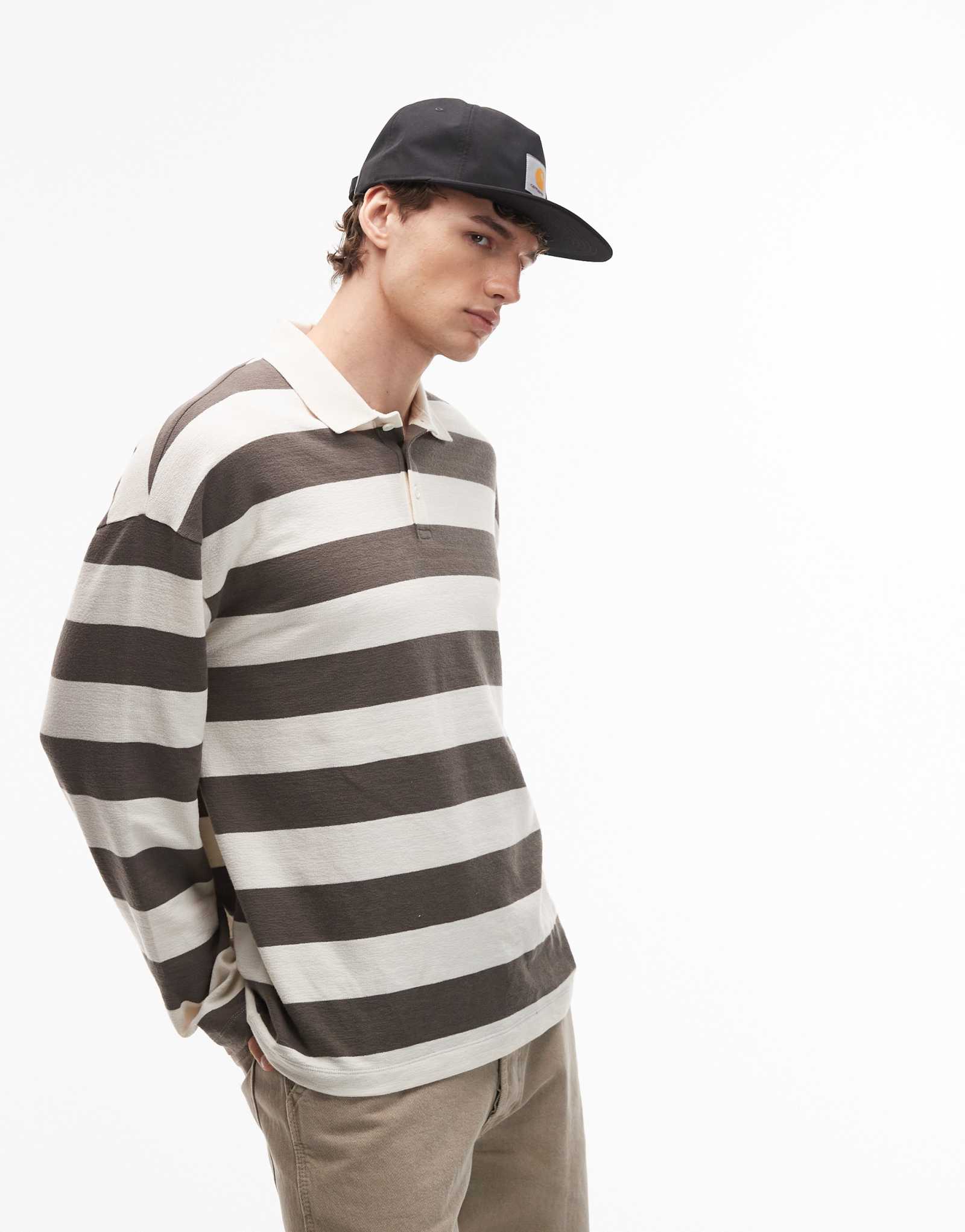 ДИЗАЙНЕРСКОЕ поло ASOS с длинным рукавом в полоску цвета хаки и кремовой текстуры