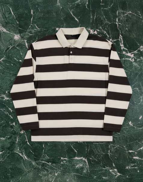 ASOS DESIGN heavyweight long sleeve rugby polo in khaki and cream texture stripe