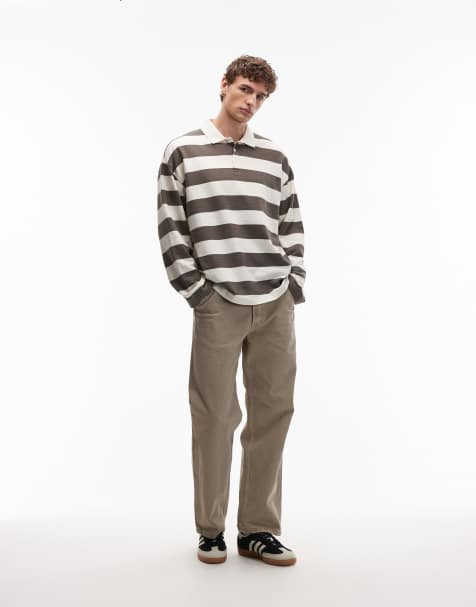 ASOS DESIGN heavyweight long sleeve polo in khaki and cream texture stripe - view 1