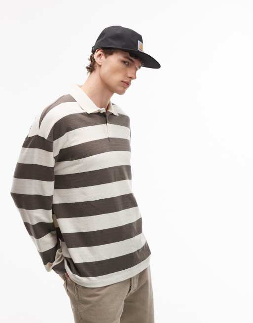 ASOS DESIGN heavyweight long sleeve polo in khaki and cream texture stripe, 2 of 6