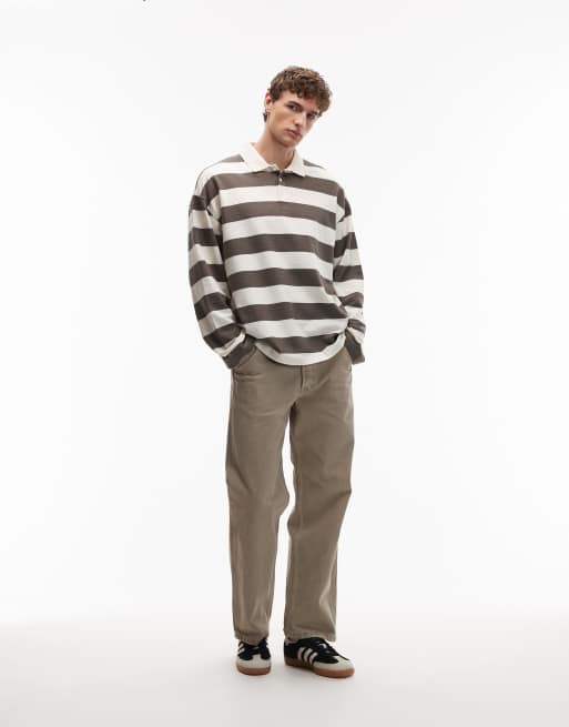 ASOS DESIGN heavyweight long sleeve polo in khaki and cream texture stripe, 3 of 6