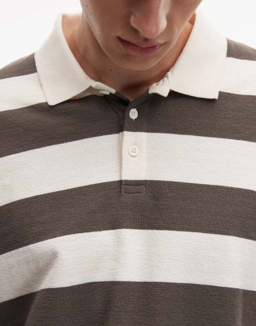ASOS DESIGN heavyweight long sleeve polo in khaki and cream texture stripe, 5 of 6