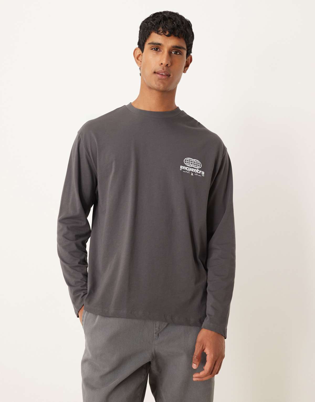 ASOS DESIGN heavyweight long sleeve relaxed t-shirt with print in charcoal