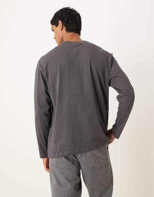 Asos Design Heavyweight Long Sleeve Relaxed T-shirt With Print In Gray