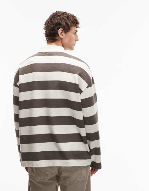 ASOS DESIGN heavyweight long sleeve rugby polo in khaki and cream texture stripe, 6 of 6