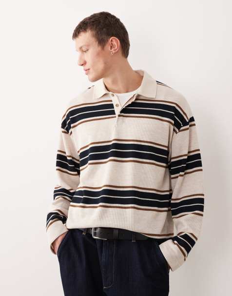 ASOS DESIGN heavyweight long sleeve rugby polo shirt in ecru and navy stripes - view 1